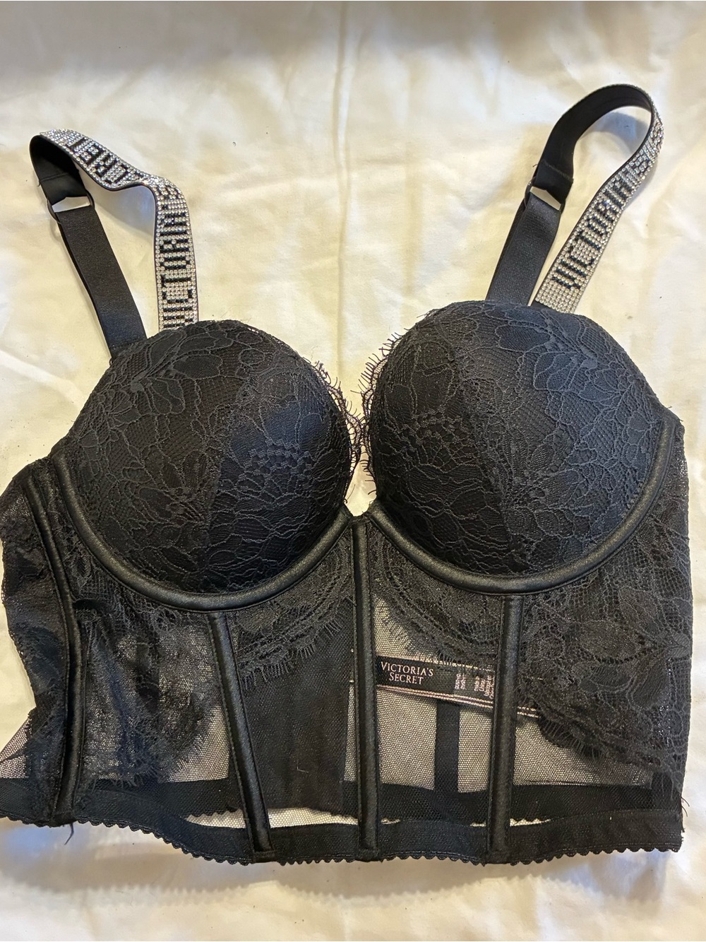 Victoria's Secret Black Lace Longline Bustier Bra with Branded Straps